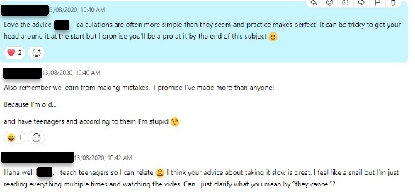 Screenshot of a Webex chat showing demonstrators providing advice to students and sharing elements of their lives with each other, building rapport.
